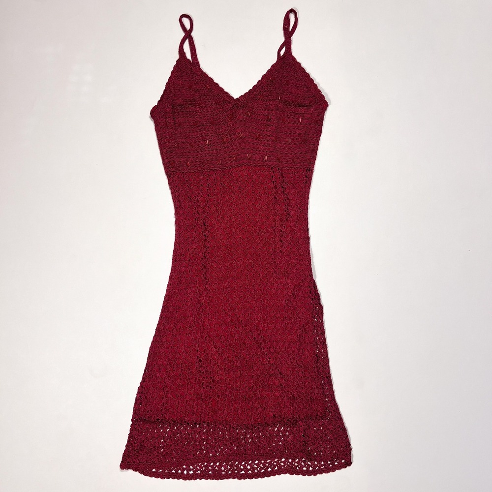 Orsay Vintage Red Crochet Beaded Dress Y2K Fairy Boho Midi Medium